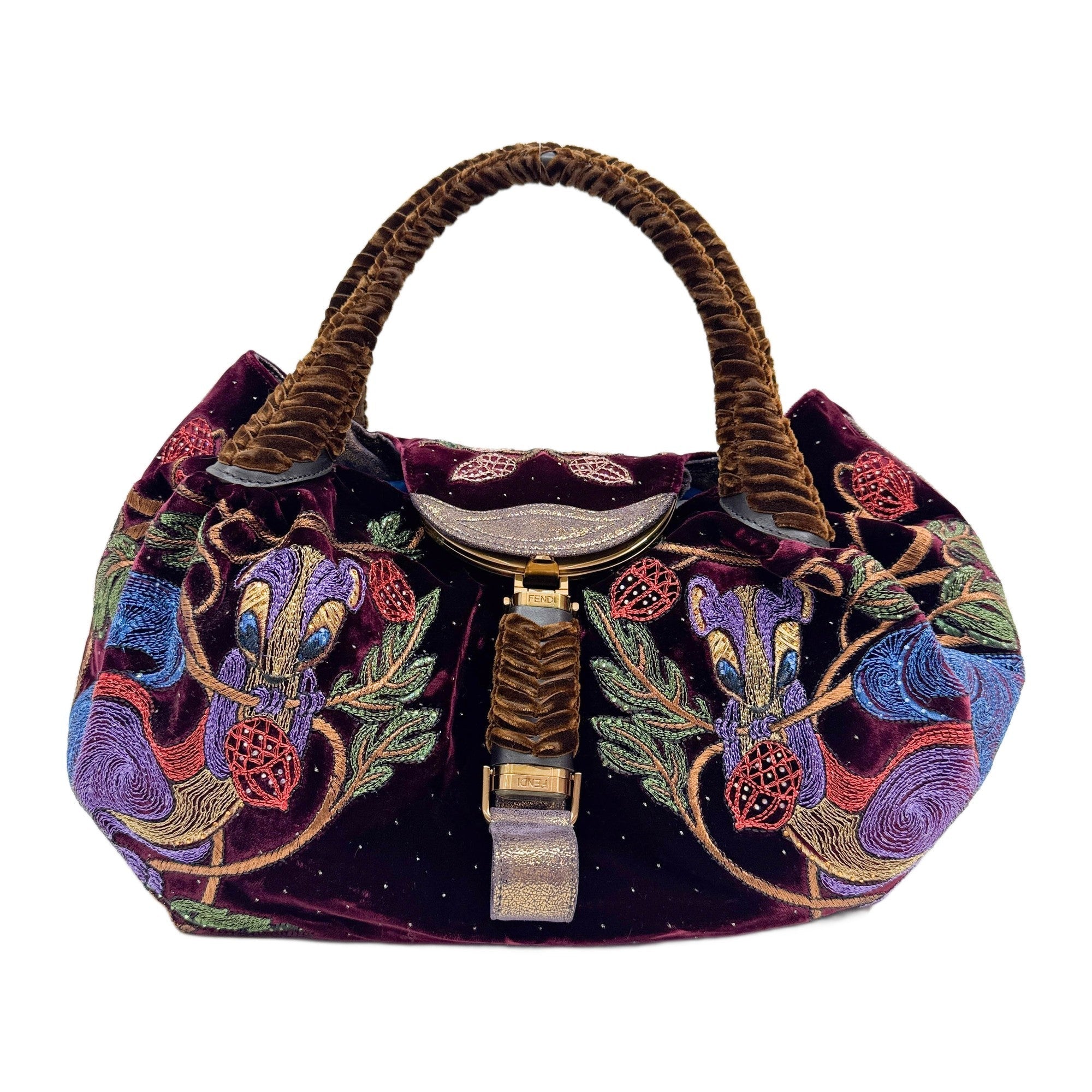 Spy Embroided Wine Red Velvet Handle Bag