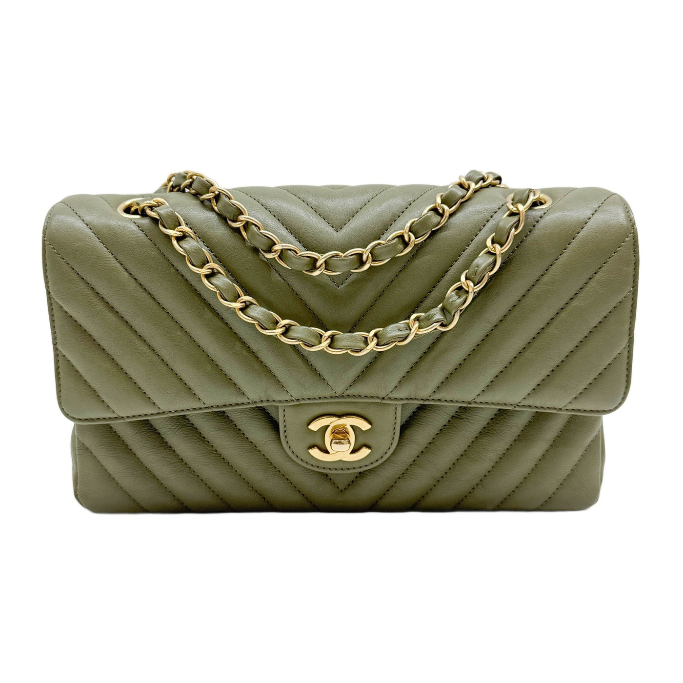 Double Flap Olive Green Chevron Lambskin Leather Shoulder Bag