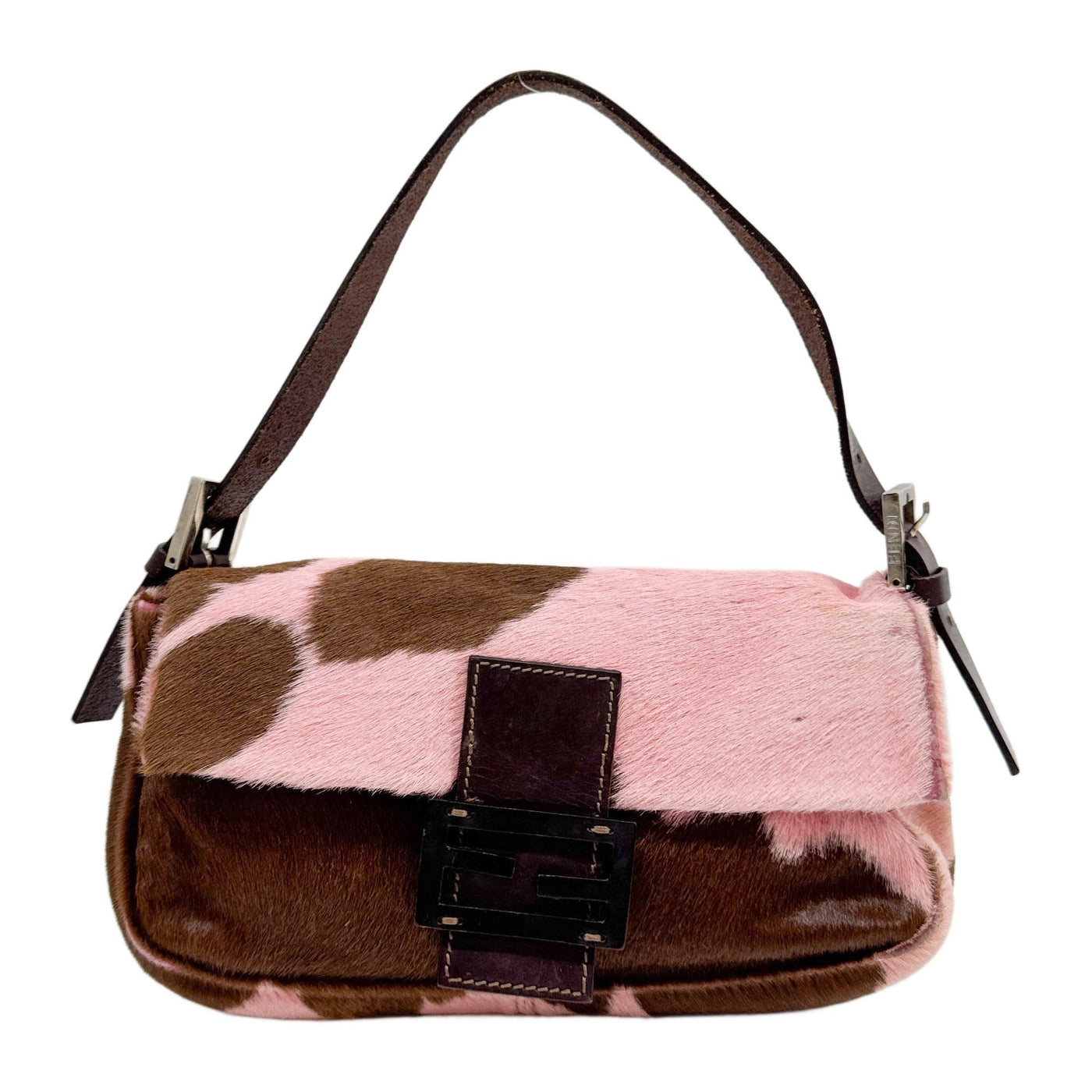 Baguette Pink & Brown Cow Print Pony Hair Shoulder Bag