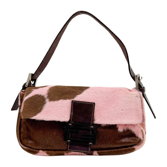 Baguette Pink & Brown Cow Print Pony Hair Shoulder Bag