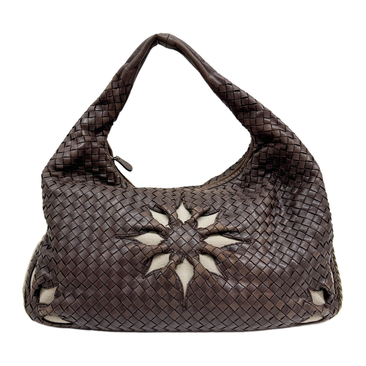 Intrecciato Flower Brown Leather Shoulder Hobo Bag
