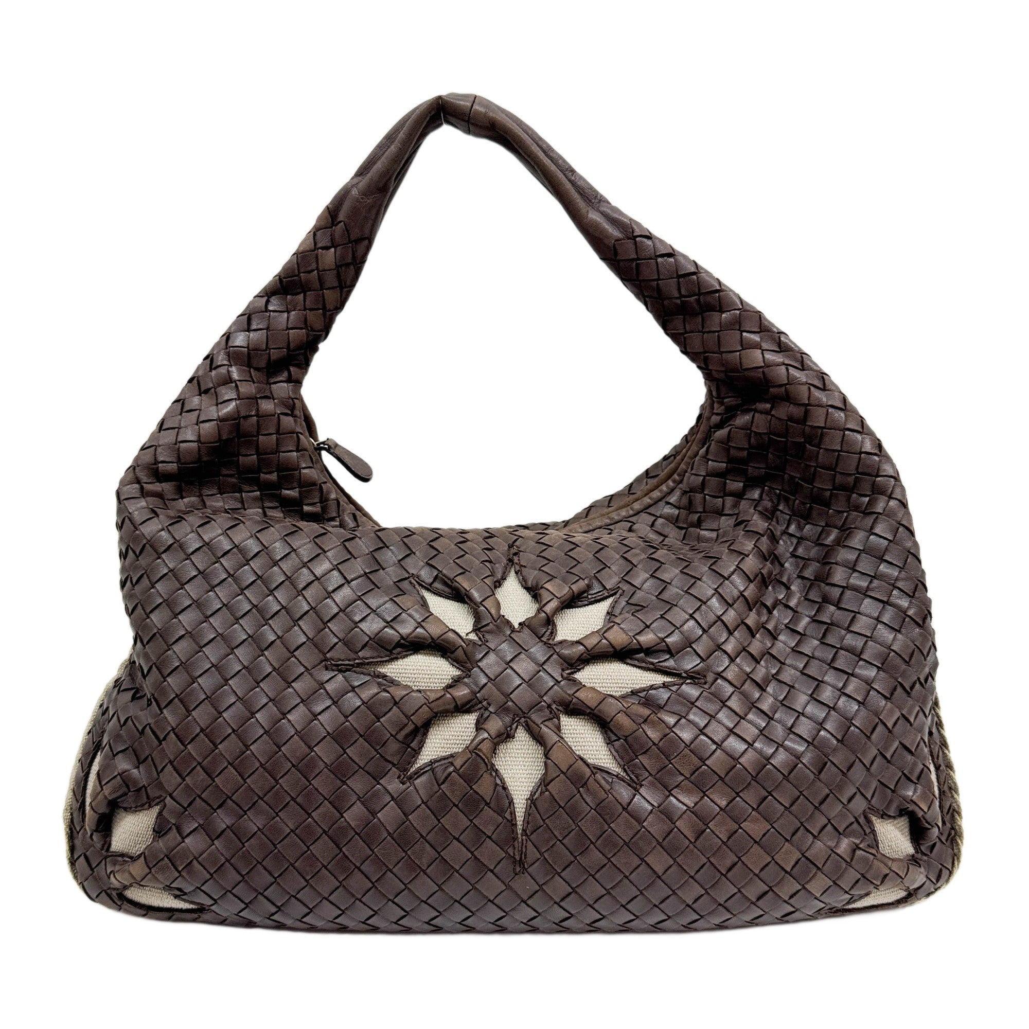 Intrecciato Flower Brown Leather Shoulder Hobo Bag