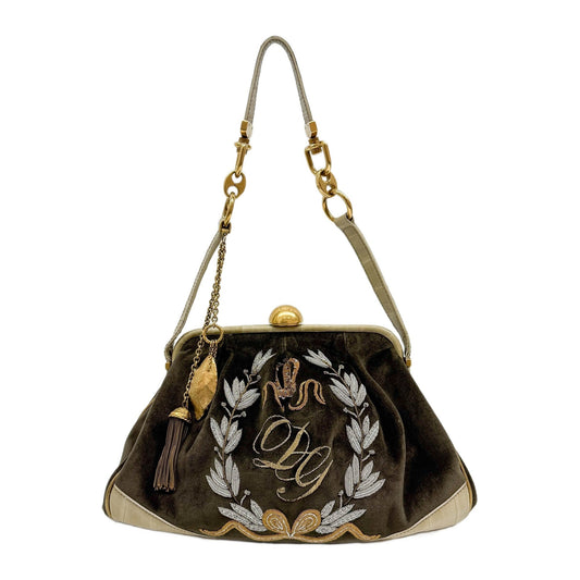 Embroidery Olive Green Velvet Shoulder Bag