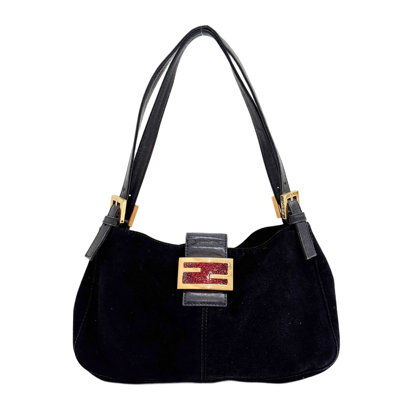 Black Suede with Red and Gold Buckle Shoulder Bag