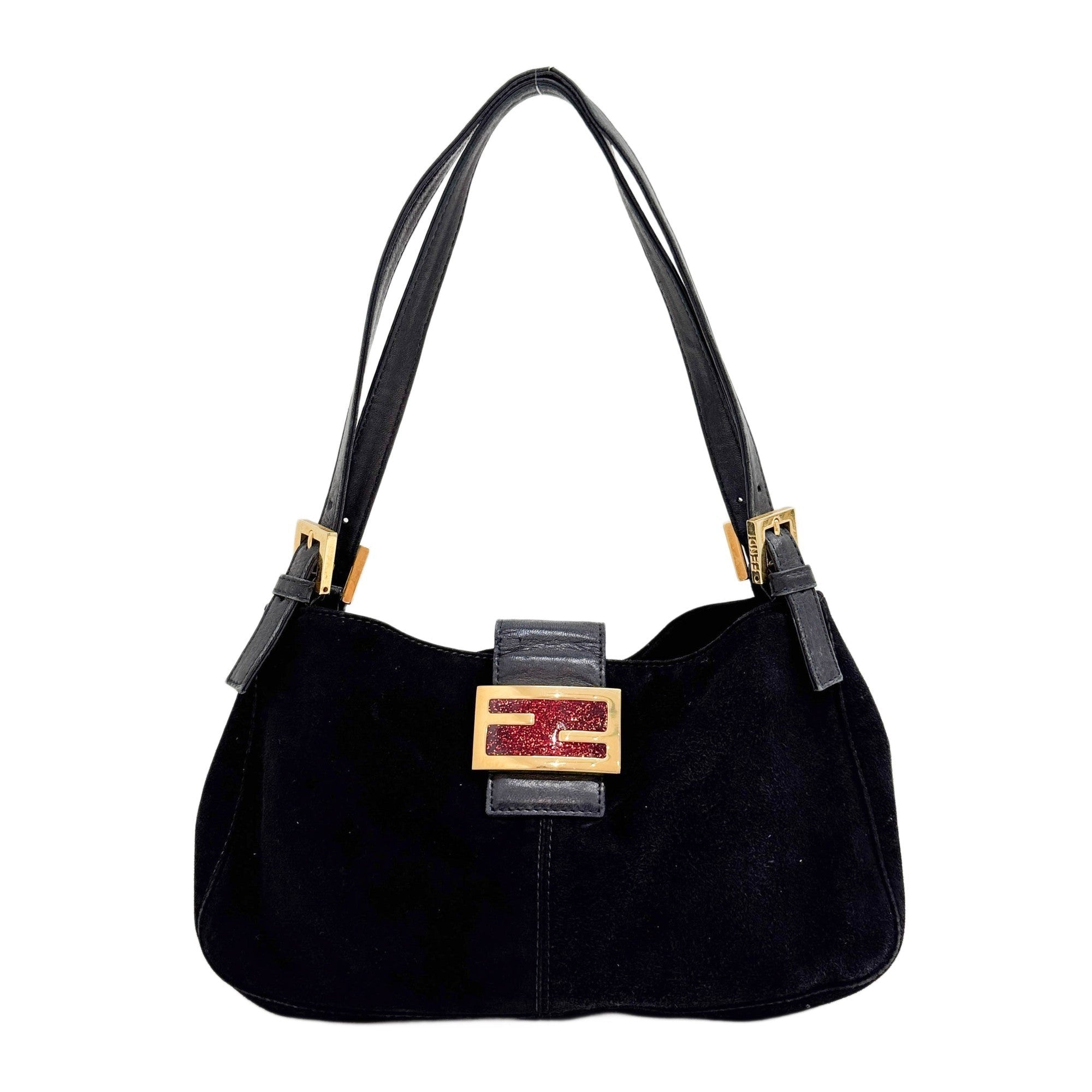 Black Suede with Red and Gold Buckle Shoulder Bag