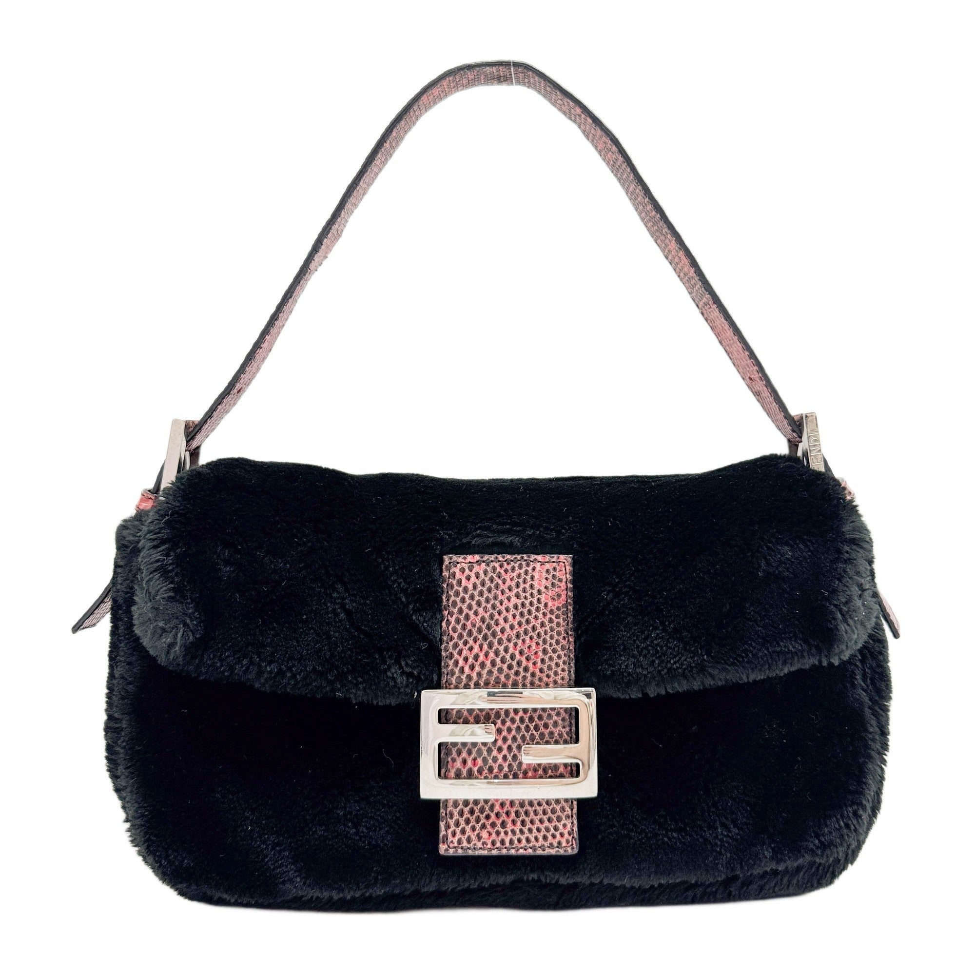 Baguette Black Fur Pink Lizard Shoulder Bag