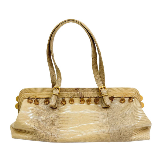 Amber Crystals Lizard Beige Leather Shoulder Bag
