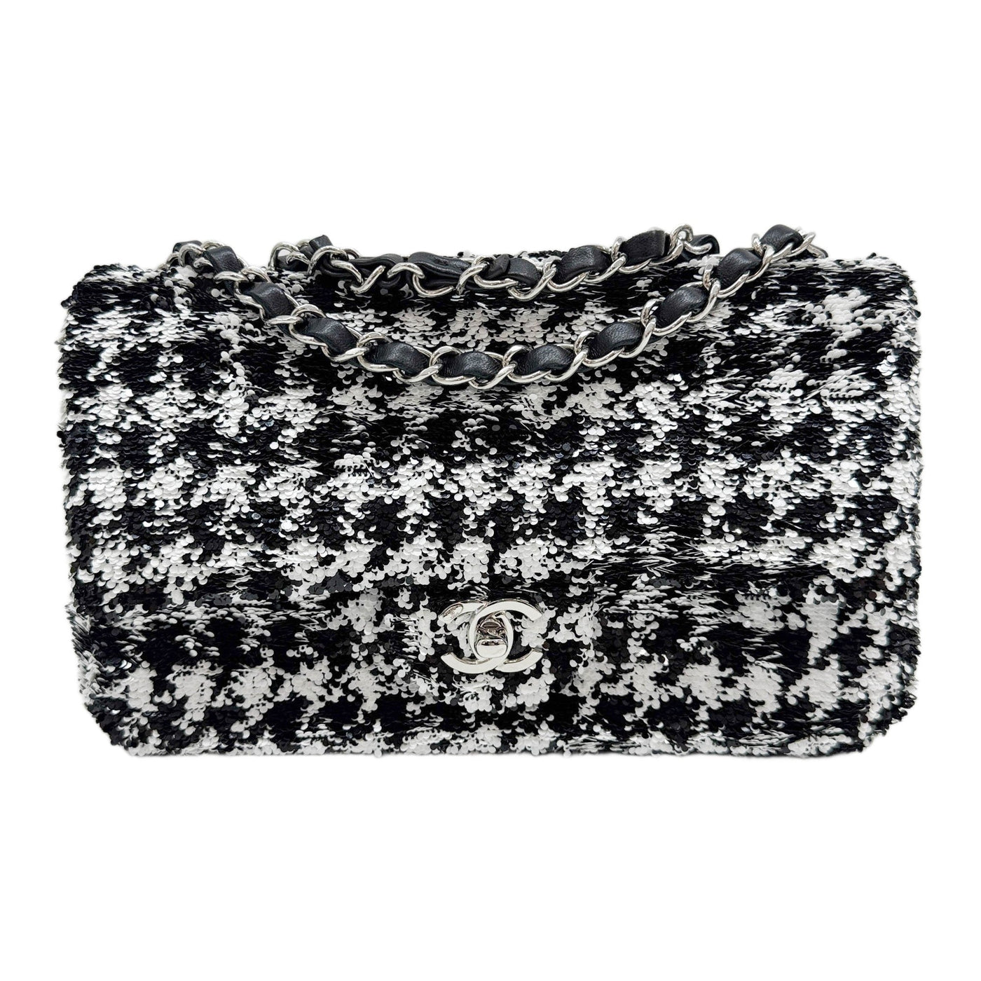 2021-2026 Classic Flap Black & White Sequin Chain Shoulder Bag