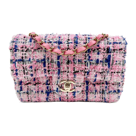 2021- Mini Classic Flap Pink Tweed Chain Shoulder Bag