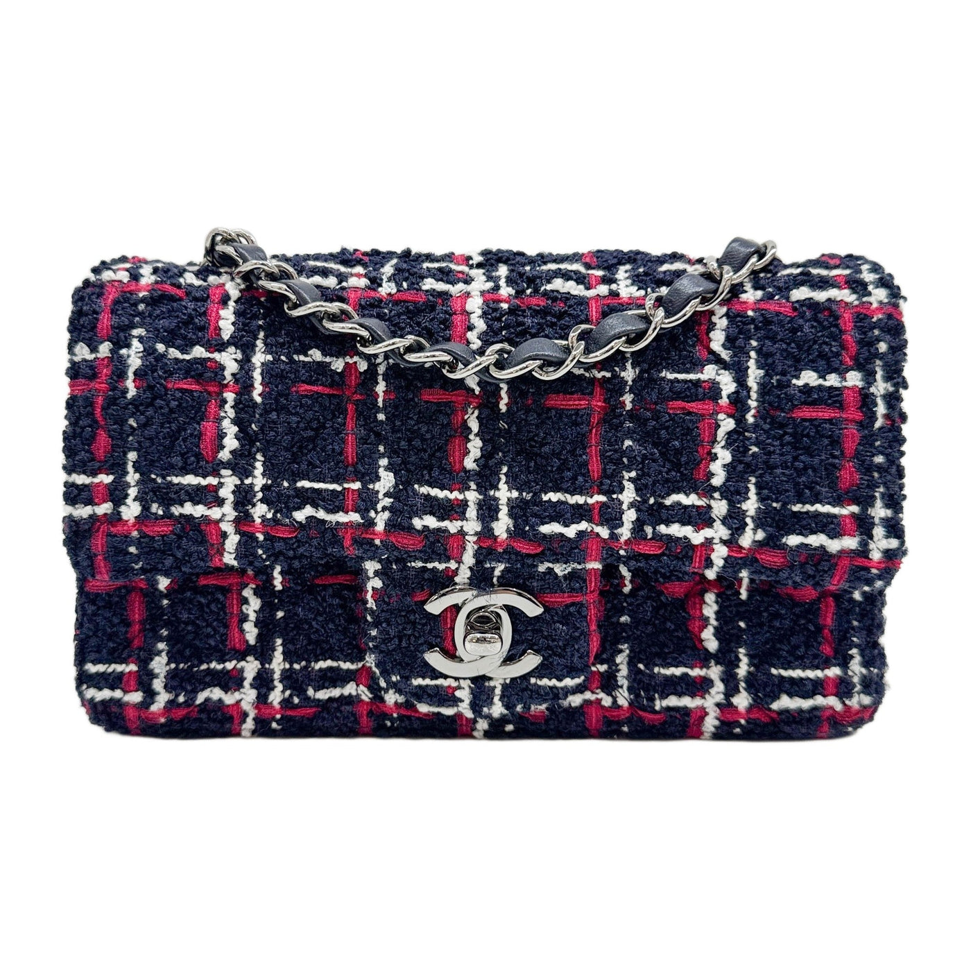 2019 Mini Classic Flap Navy and Burgundy Tweed Chain Shoulder Bag