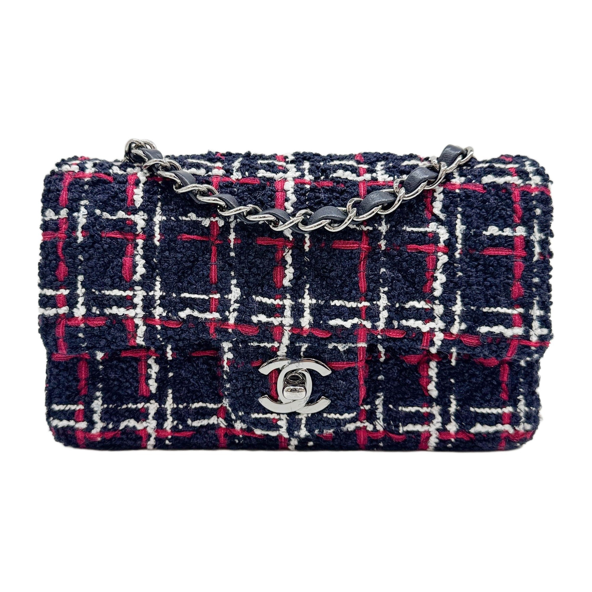 2019 Mini Classic Flap Navy and Burgundy Tweed Chain Shoulder Bag