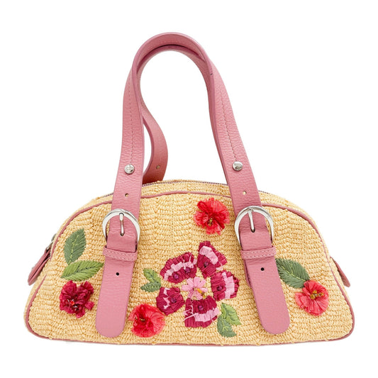 Floral Applique Pink & Tan Raffia Hand Bag