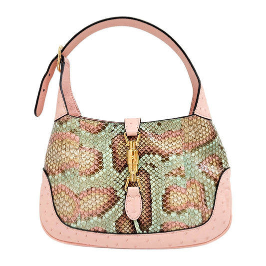 Jackie 1961 Pink Ostrich Leather Trim & Multicolor Python Leather Shoulder Bag