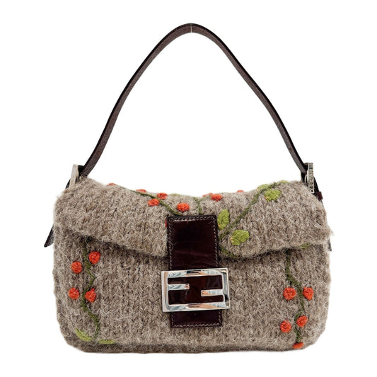 Baguette Knitted Brown Wool Shoulder Bag