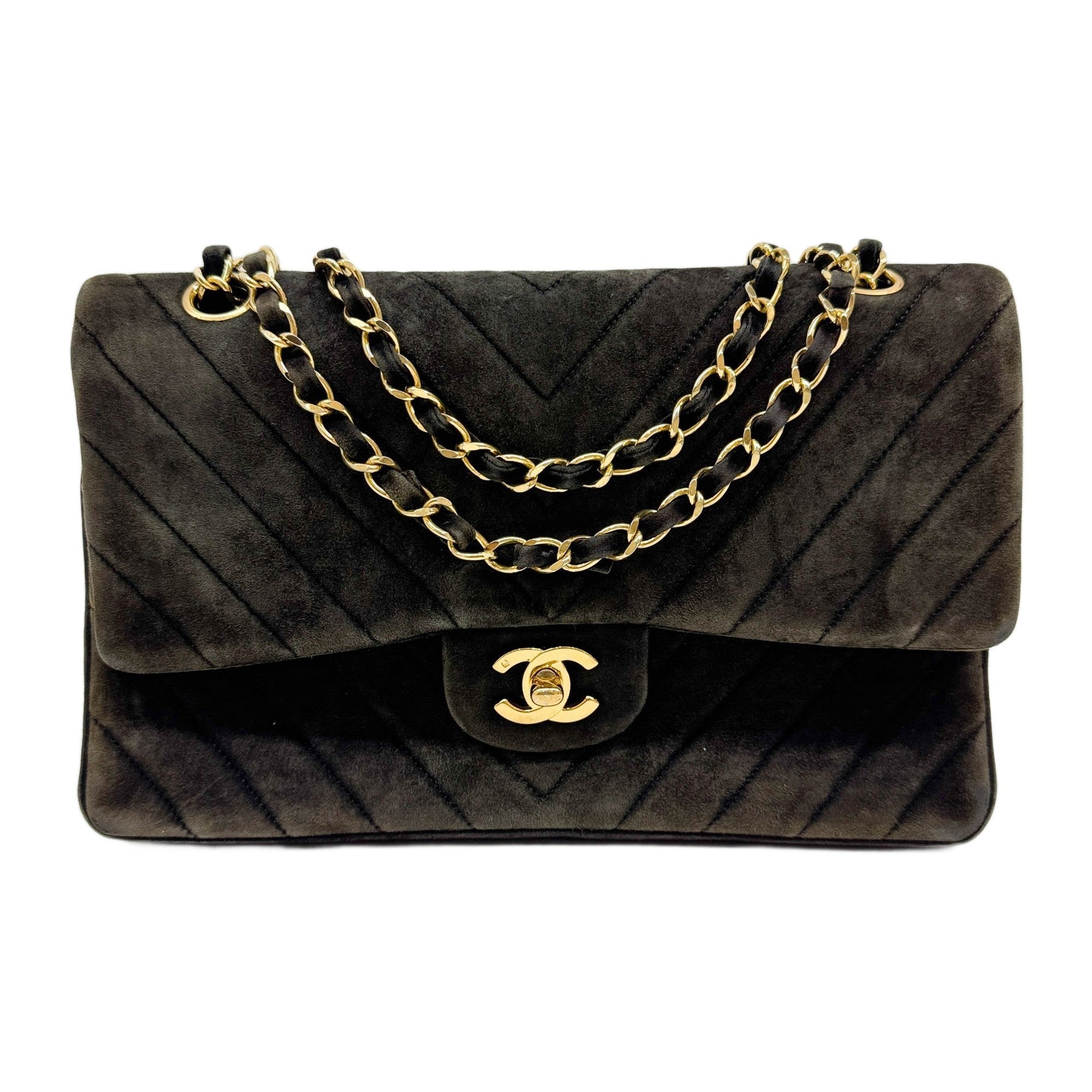 Classic Double Flap 1986-1988 Chevron Brown Suede Shoulder Bag
