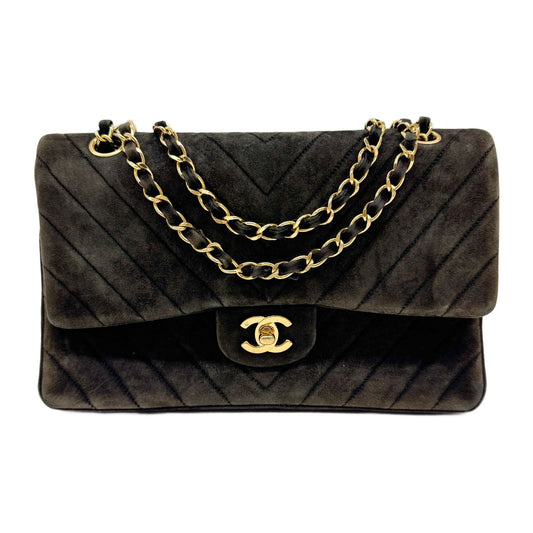Classic Double Flap 1986-1988 Chevron Brown Suede Shoulder Bag