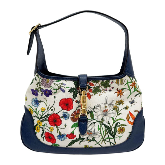 Jackie Flower Canvas Navy Leather Shoulder Bag