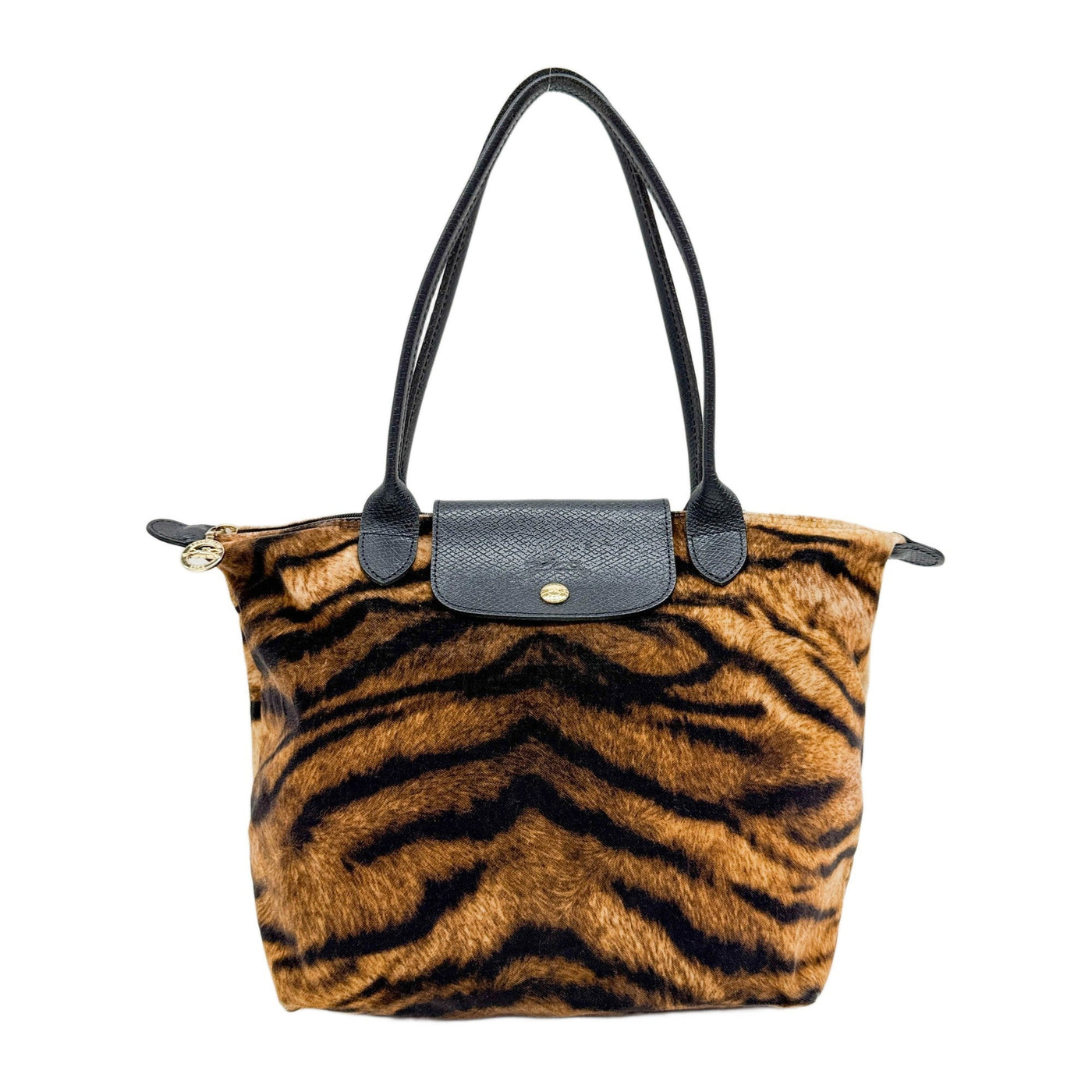 Le Pliage Brown Tiger Print Velvet Shoulder Tote Bag