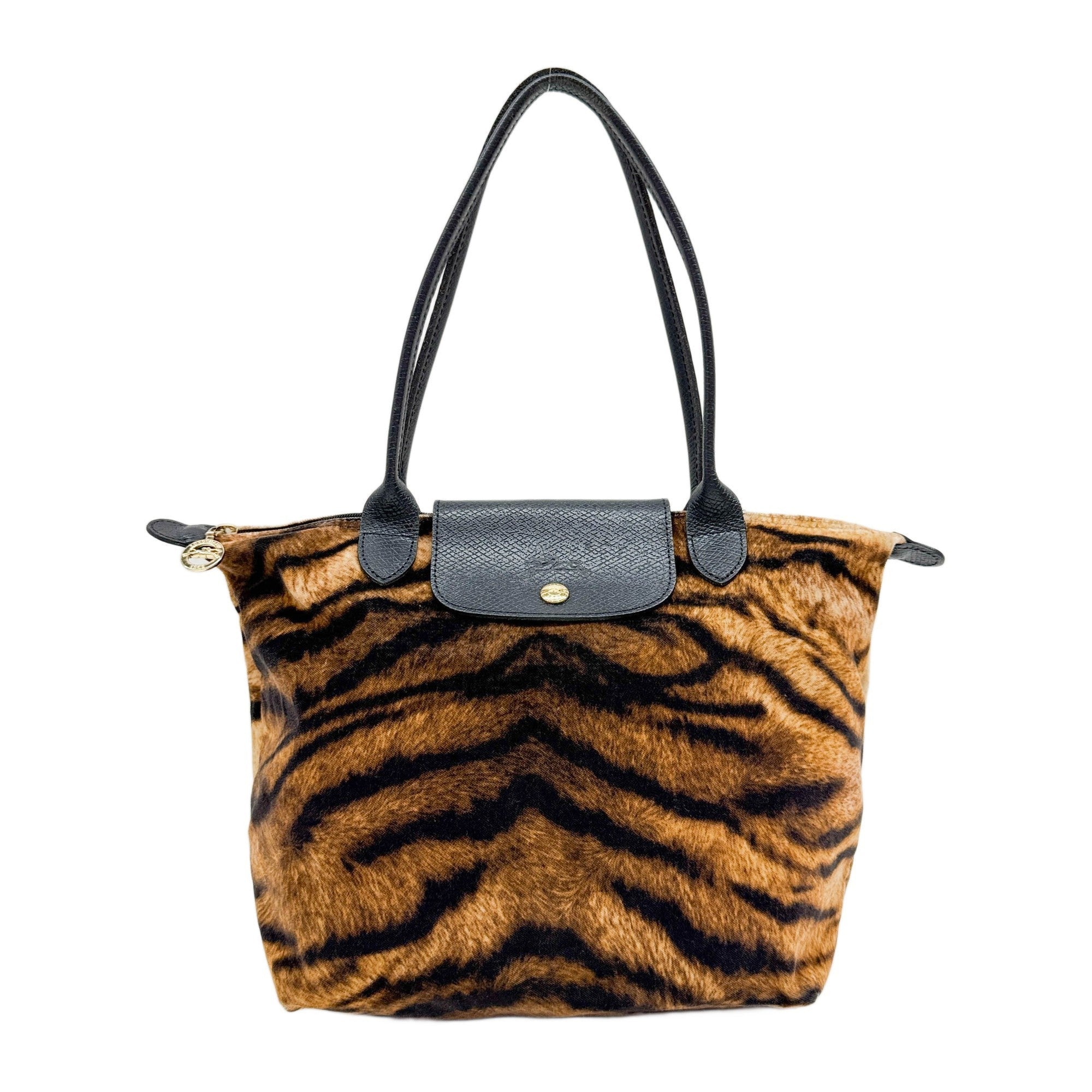 Le Pliage Brown Tiger Print Velvet Shoulder Tote Bag