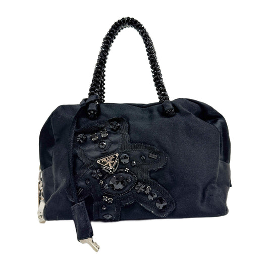 Evening Rhinestone Bear Applique Black Nylon Hand Bag