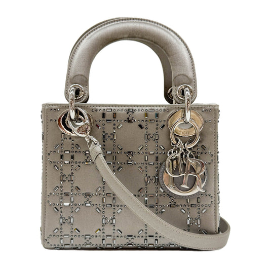 Mini Lady Dior Rhinestone Embedded Gray Satin Two Way Bag
