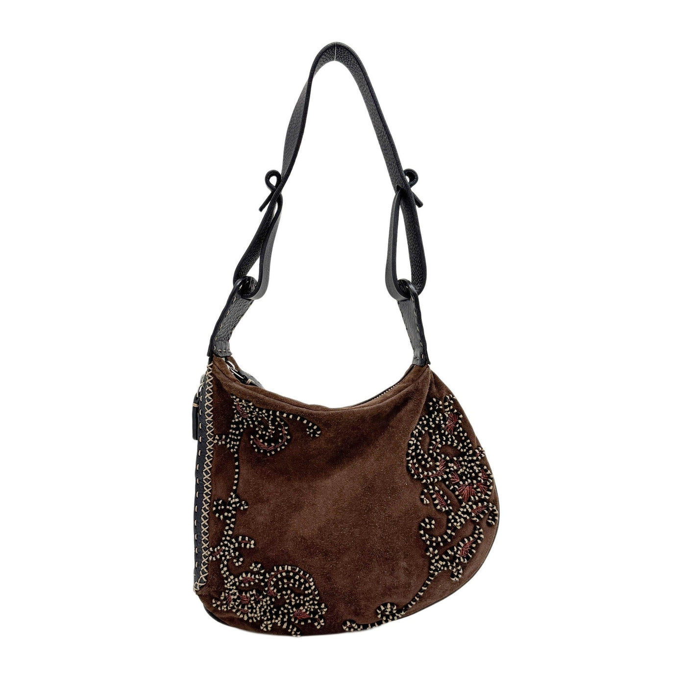 Selleria Oyster Embroidered Brown Suede Shoulder Bag
