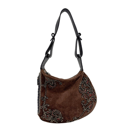 Selleria Oyster Embroidered Brown Suede Shoulder Bag
