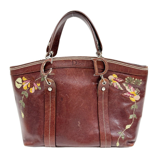 Butterfly Embroidered Brown Leather Shoulder Tote Bag