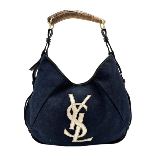 Mombasa YSL Logo Navy Blue Canvas Shoulder Bag