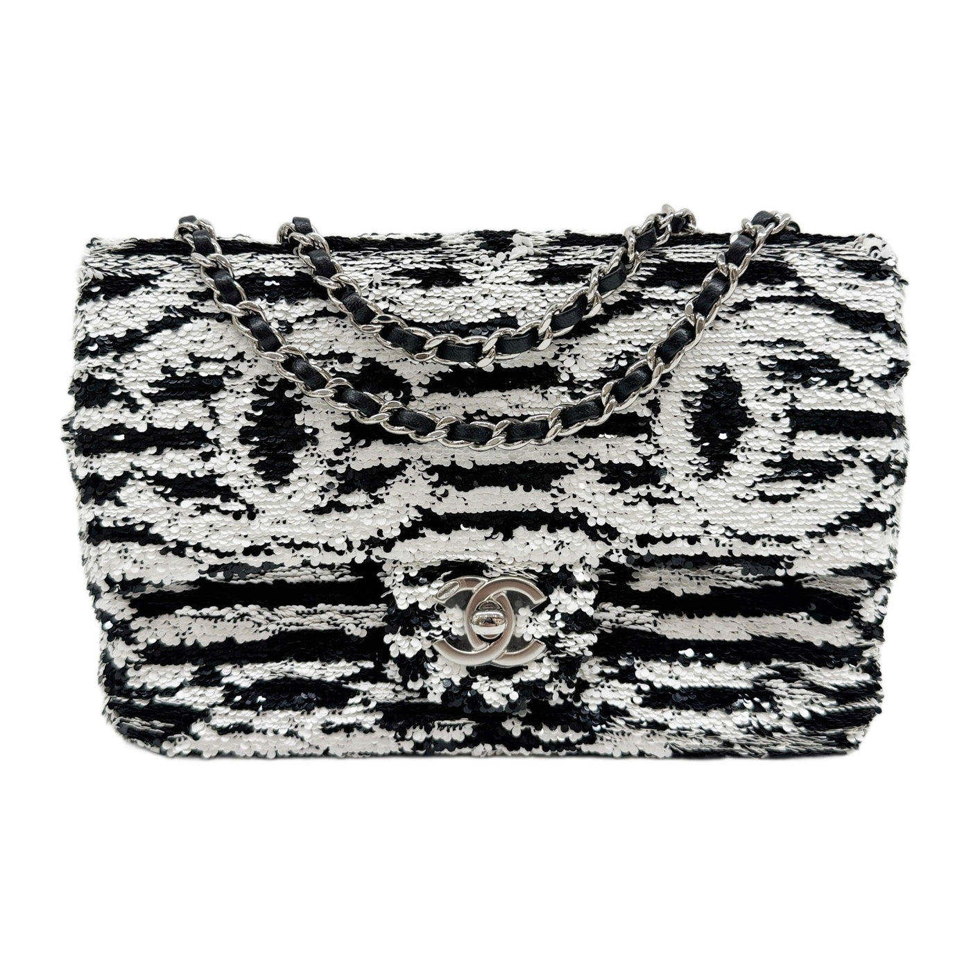 2021- Classic Flap Black & White Sequin Chain Shoulder Bag