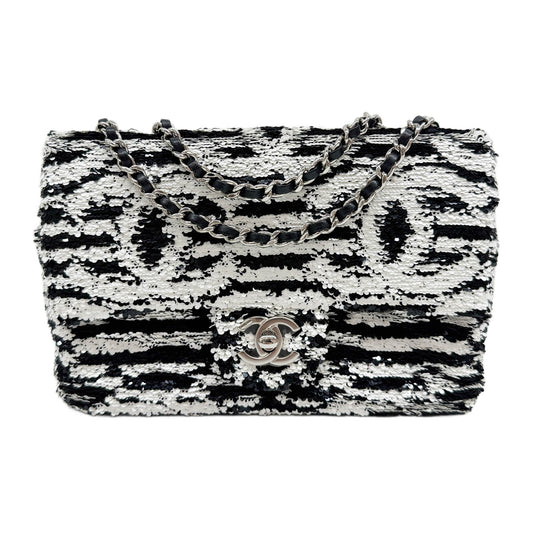 2021- Classic Flap Black & White Sequin Chain Shoulder Bag