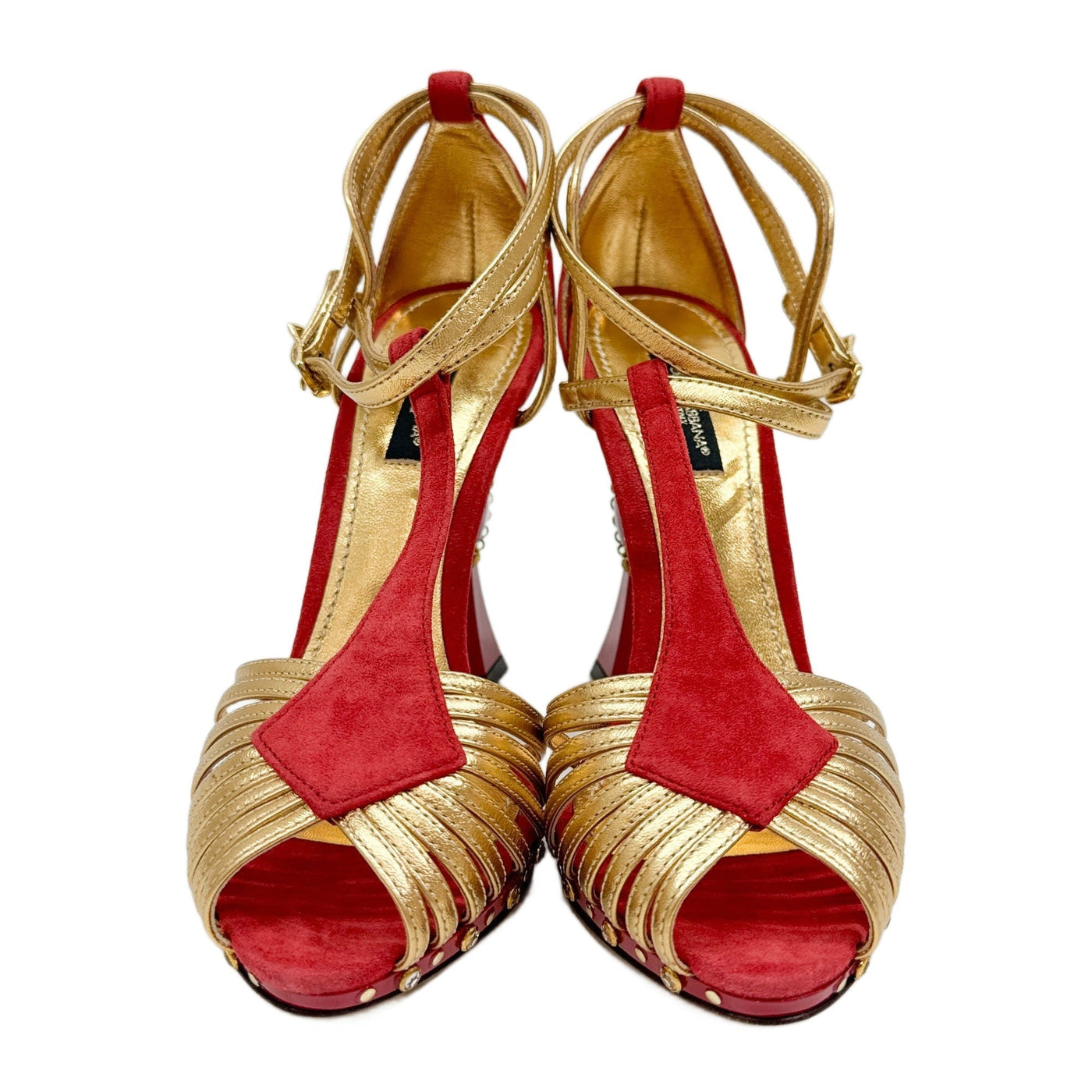 Size 37 Red & Gold Suede Heels