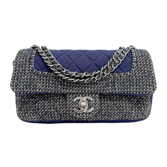 Classic Flap 2018-2019 Tweed & Chain Trim Matelasse Navy Blue Cotton Shoulder Bag