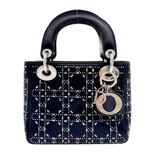Mini Lady Rhinestone Embedded Dior Black Satin Two Way Bag