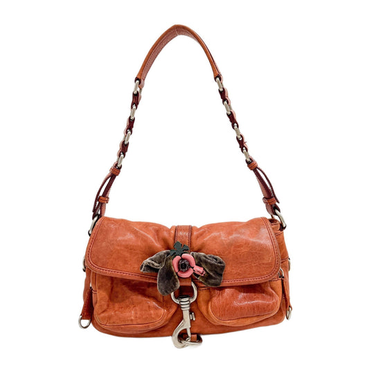 Metal Flower Embellished Burnt Orange Leather Shoulder Bag