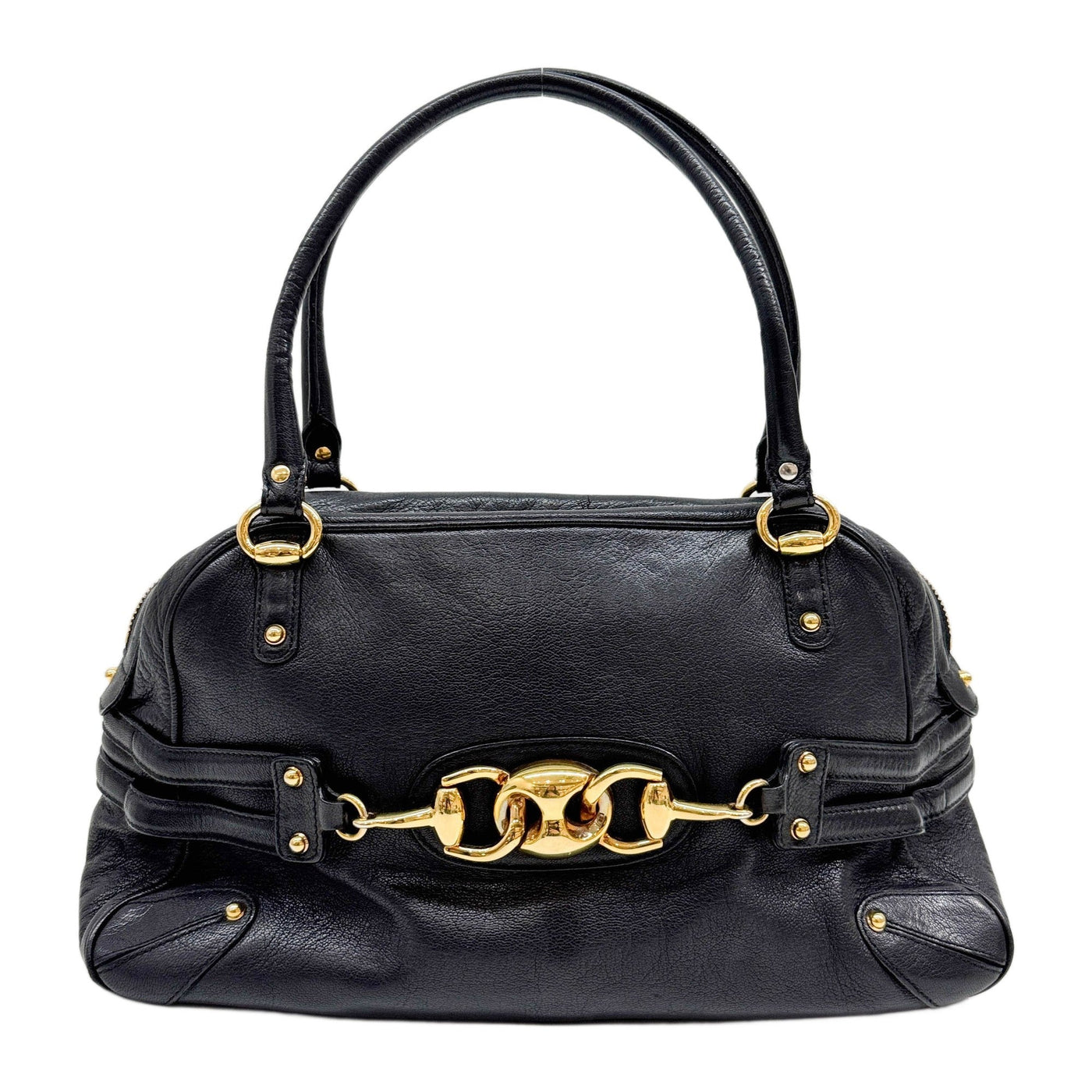Horsebit Bamboo Detail Black Leather Shoulder Bag