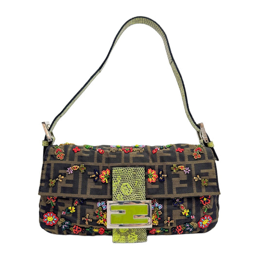 Baguette Zucca Green Lizard Flower Beads Embroidery Shoulder Bag