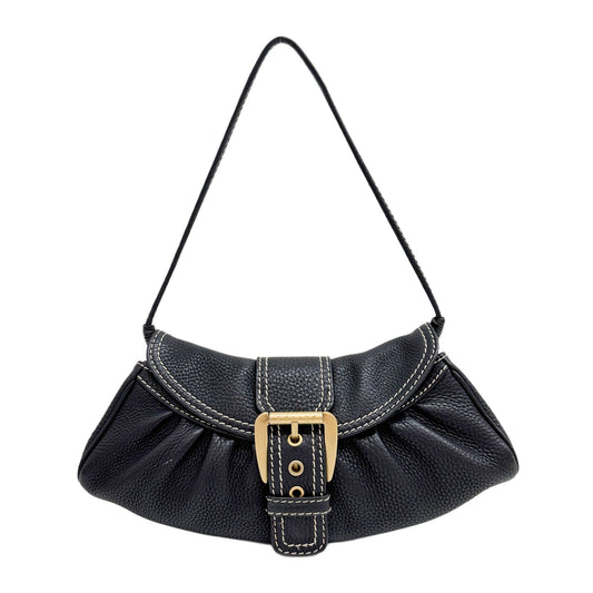 Pleated Black Leather Shoulder Bag