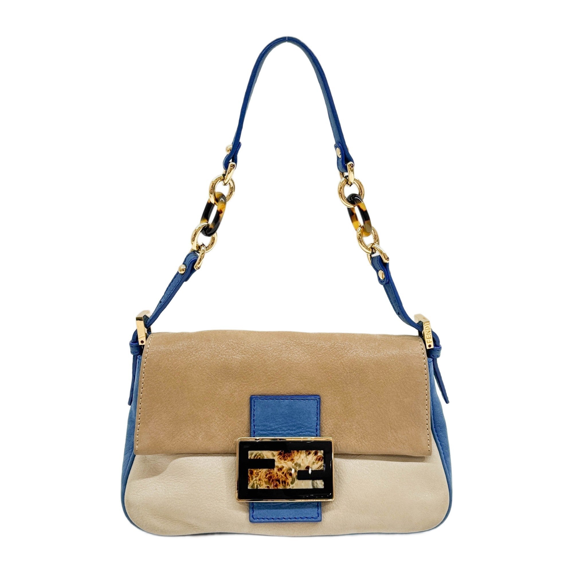 Mini Mamma Baguette Glittery Blue & Brown Leather Shoulder Bag