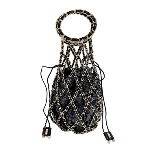 2021-2026 Caged Gold Chain Black Sequins Hand Bag