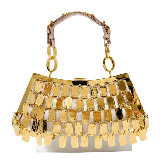 Dog Tag Embellished Gold Metal & Champagne Velvet Hand Bag