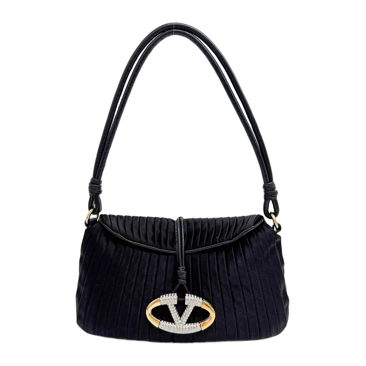 Rhinestone Logo Pleated Black Satin Shoulder Bag