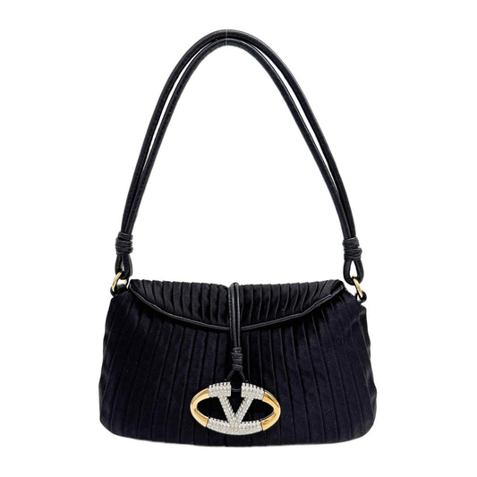 Rhinestone Logo Pleated Black Satin Shoulder Bag