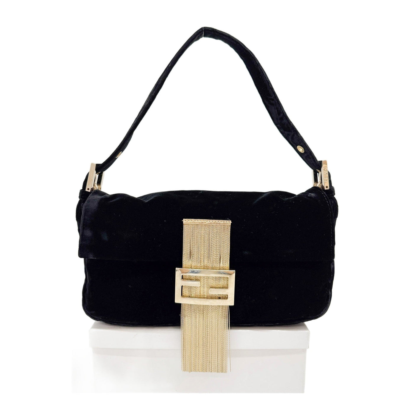 Baguette Gold Fringe Buckle Black Velvet Shoulder Bag