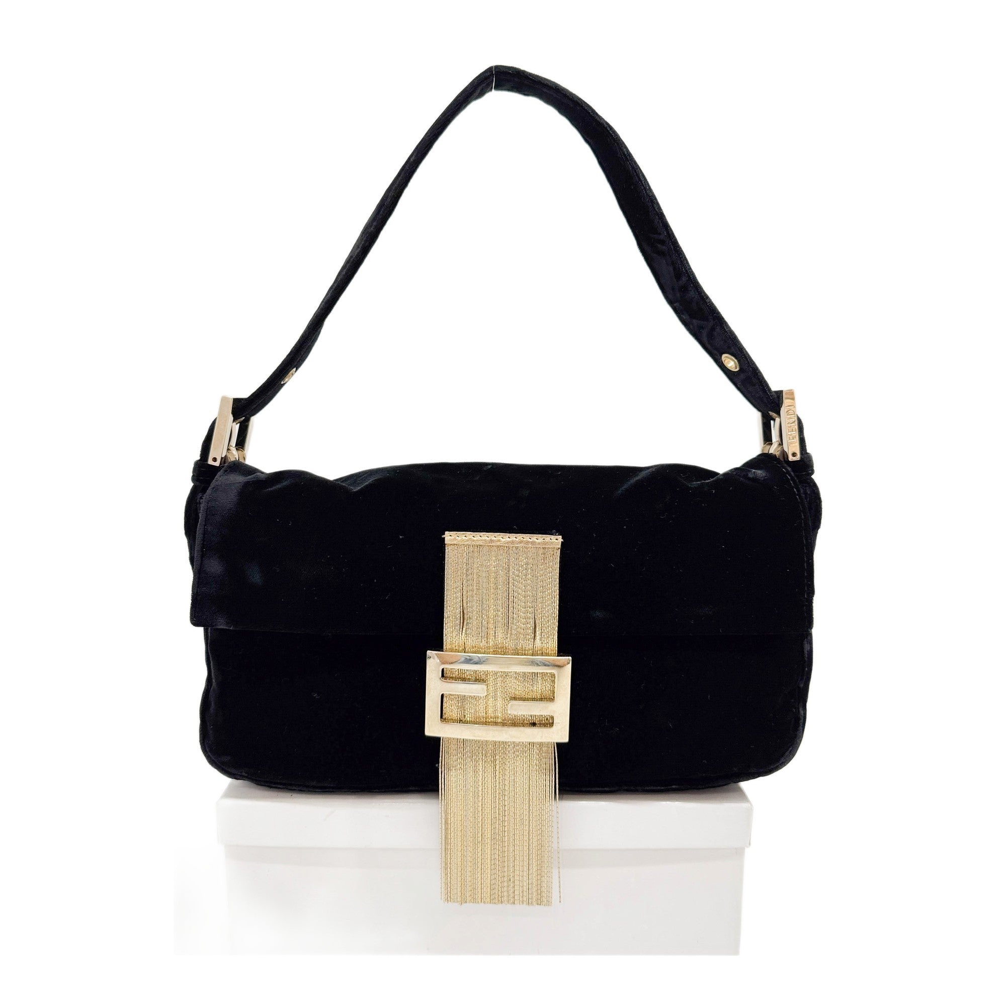 Baguette Gold Fringe Buckle Black Velvet Shoulder Bag