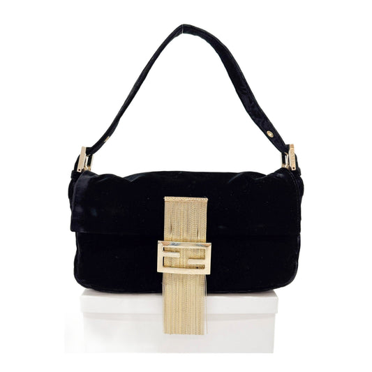 Baguette Gold Fringe Buckle Black Velvet Shoulder Bag