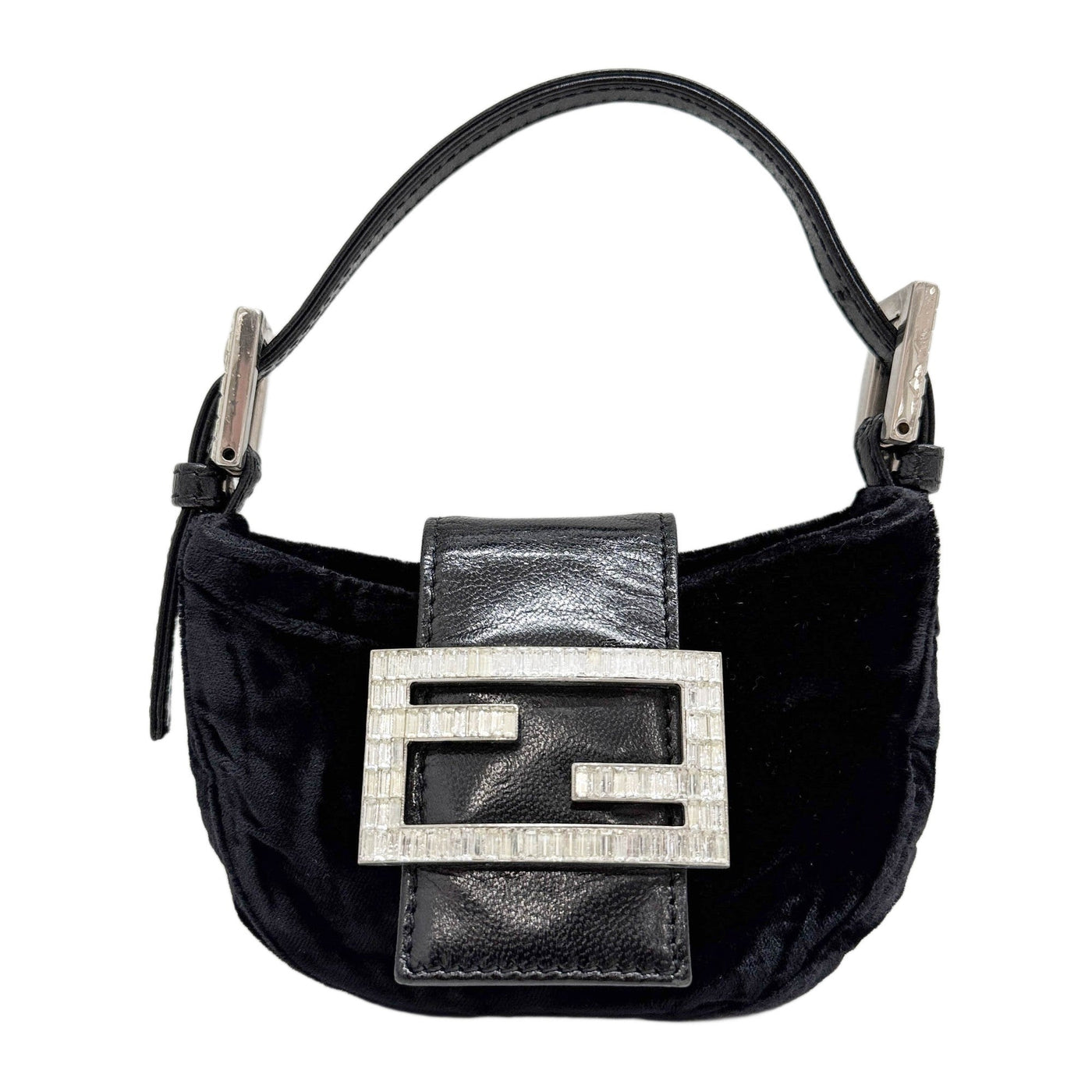 Mini Croissant Rhinestone Buckle Black Velvet Hand Bag