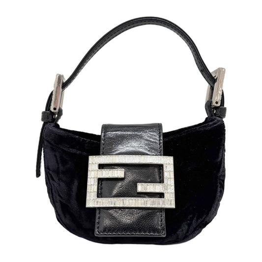 Mini Croissant Rhinestone Buckle Black Velvet Hand Bag