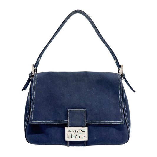 Mamma Baguette Navy Blue Canvas with Swirl Buckle Shoulder Bag