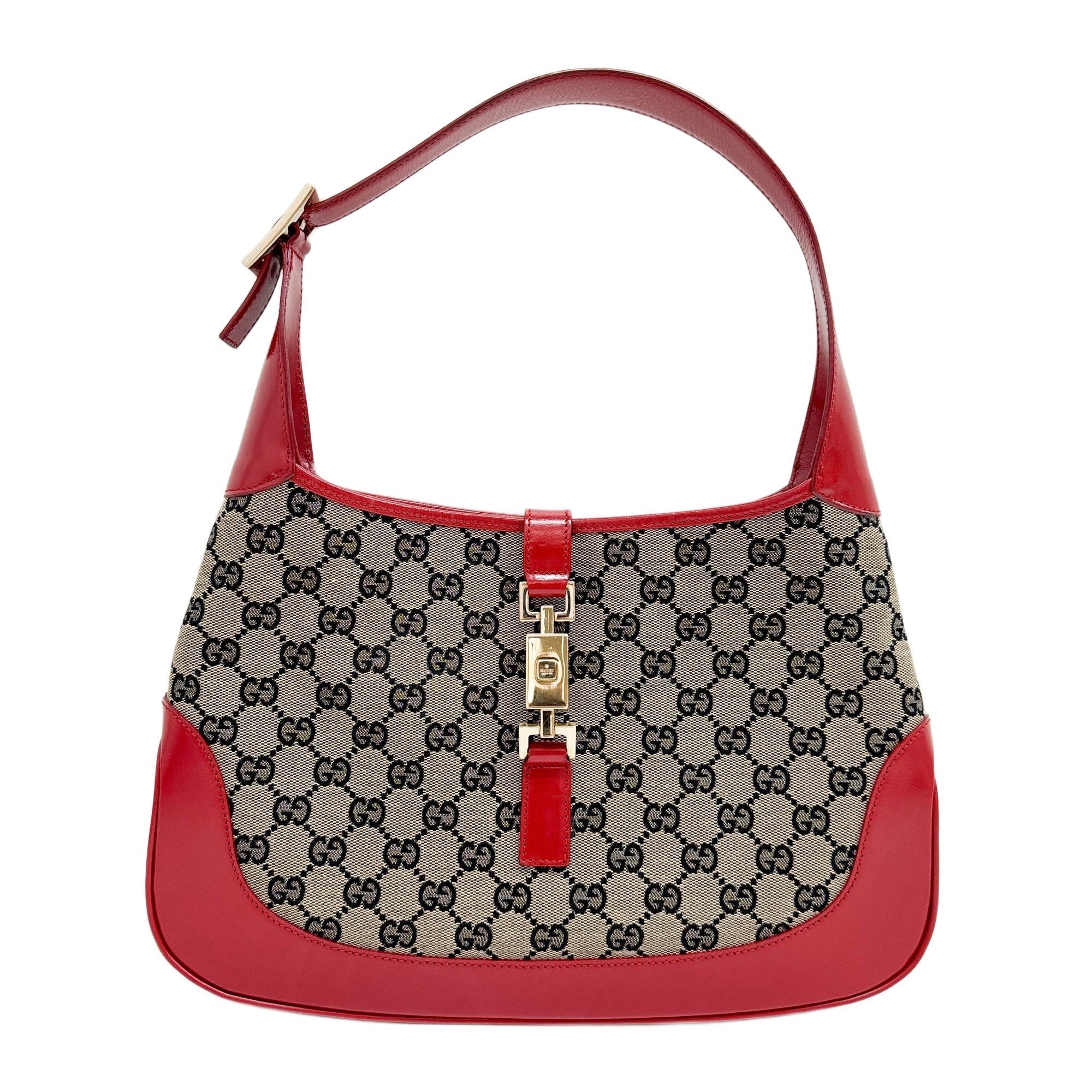 Jackie 1961 Red Leather Trim Brown GG Canvas Shoulder Bag
